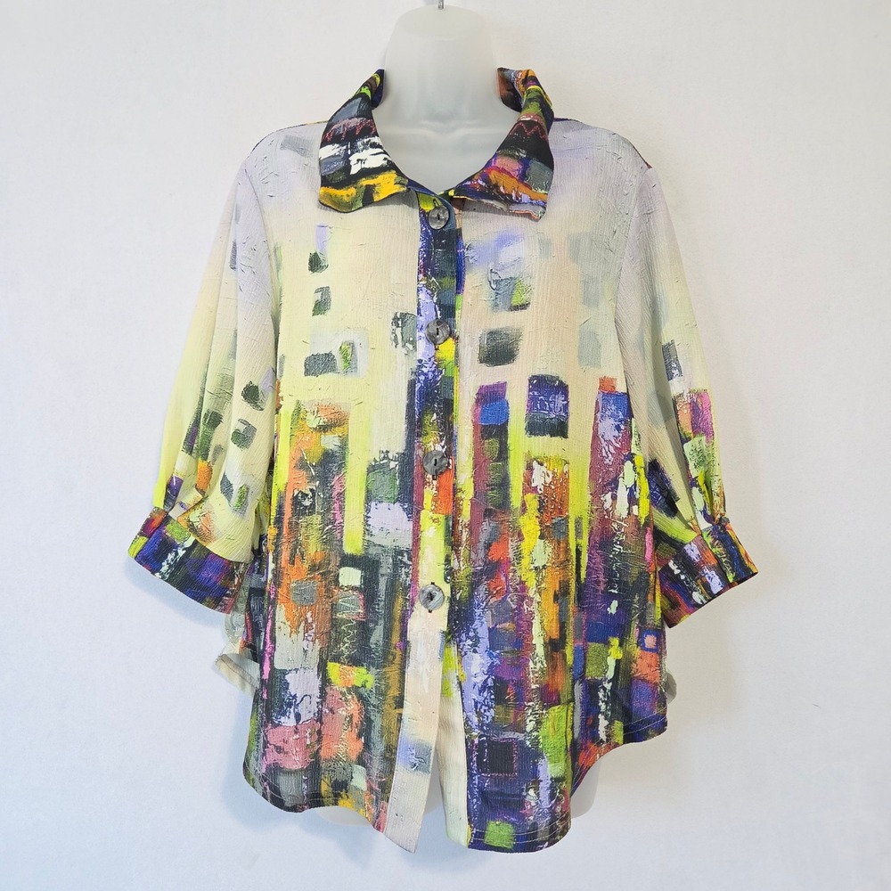 Damee Top Womens M Multi Color Abstract Mixed Print Wired Collar Button Maximal